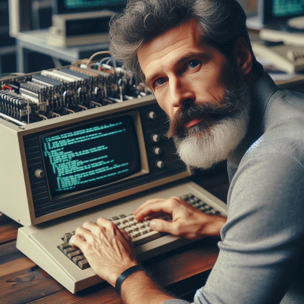 Giuliano D'Oronzo working on an Olivetti M20 computer